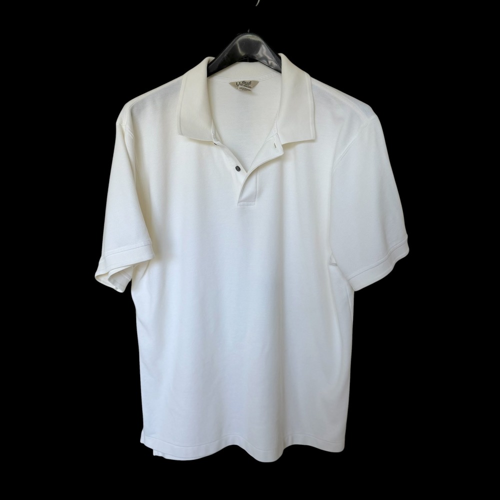 LL‎ Bean Double L Polo Shirt Large Regular White Wrinkle Resistant Cotton